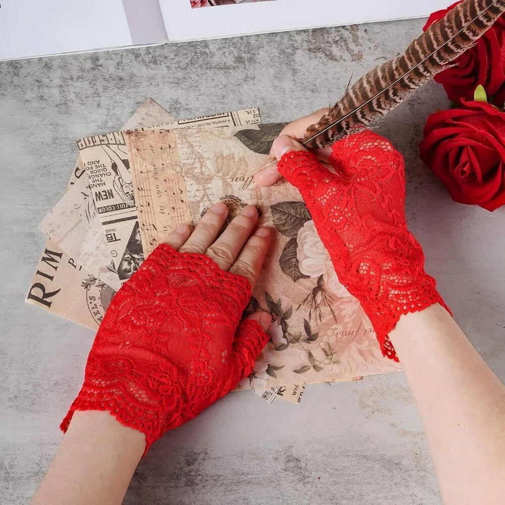 Women's 2 Pairs Red Lace Fingerless Gloves Party Prom Costume Accessories